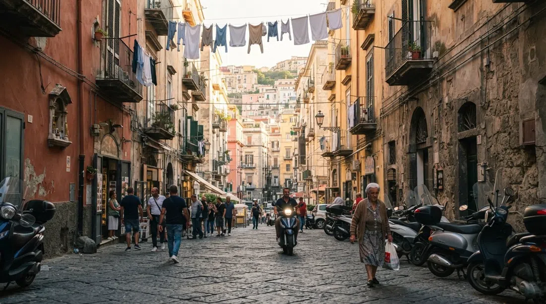 Via Materdei a livello strada con panni stesi sopra, motorini parcheggiati vicino a facciate in pietra usurata e la ripida collina che sale verso il quartiere superiore nella luce del tardo pomeriggio