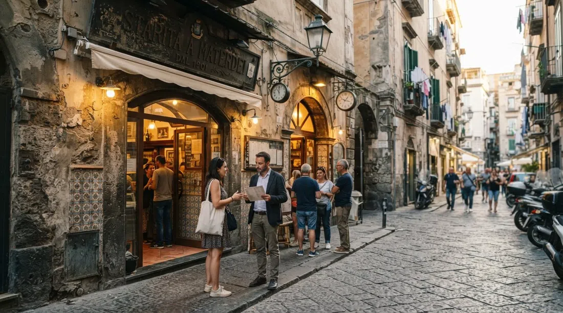 l'esterno di Starita a Materdei su Via Materdei, con una piccola fila di commensali in attesa fuori dalla pizzeria storica sotto il cartello stradale