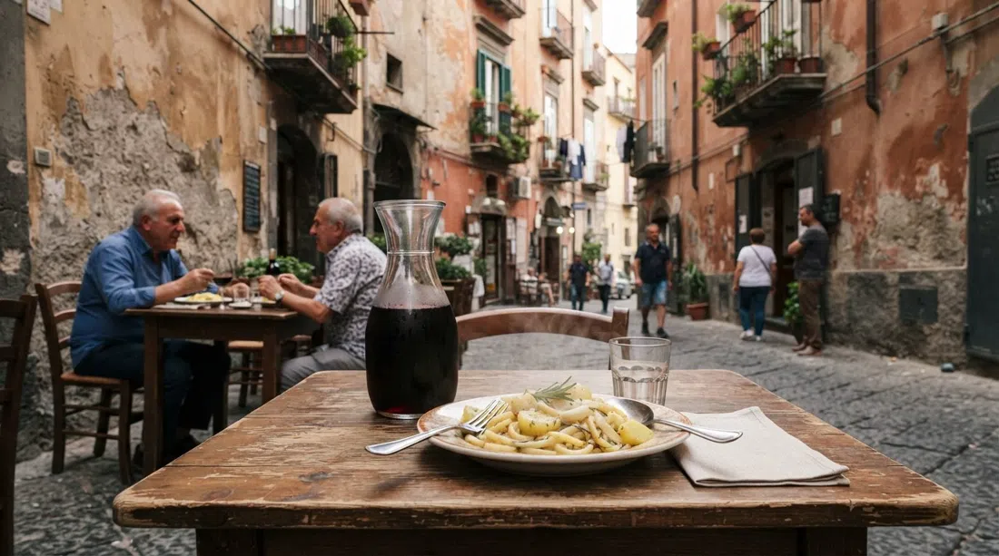 un tavolo all'aperto alla Cantina del Gallo in Via Alessandro Telesino con una semplice caraffa di rosso della casa, un piatto di pasta e patate e fatiscenti facciate di quartiere sullo sfondo