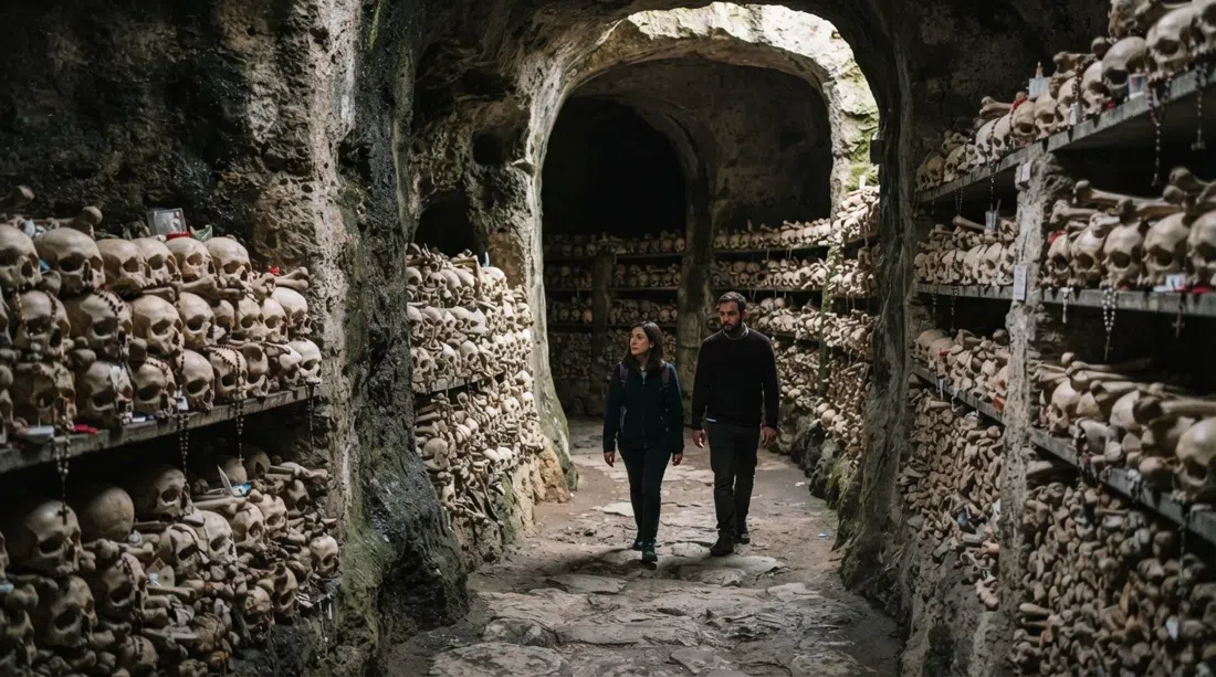 l'interno buio e cavernoso del Cimitero delle Fontanelle con file di teschi e ossa in un passaggio di cava di tufo, illuminato da luce ambientale soffusa