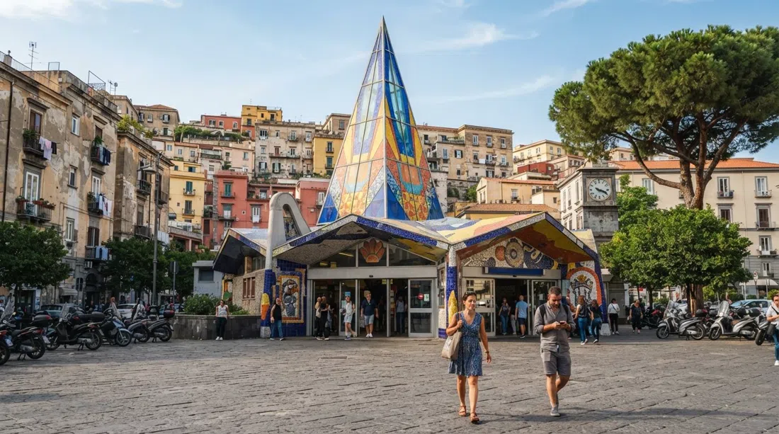 la guglia di vetro colorato e l'ingresso ricco d'arte della stazione metro Materdei a Piazza Scipione Ammirato, con dettagli di design in stile Mendini alla luce del giorno