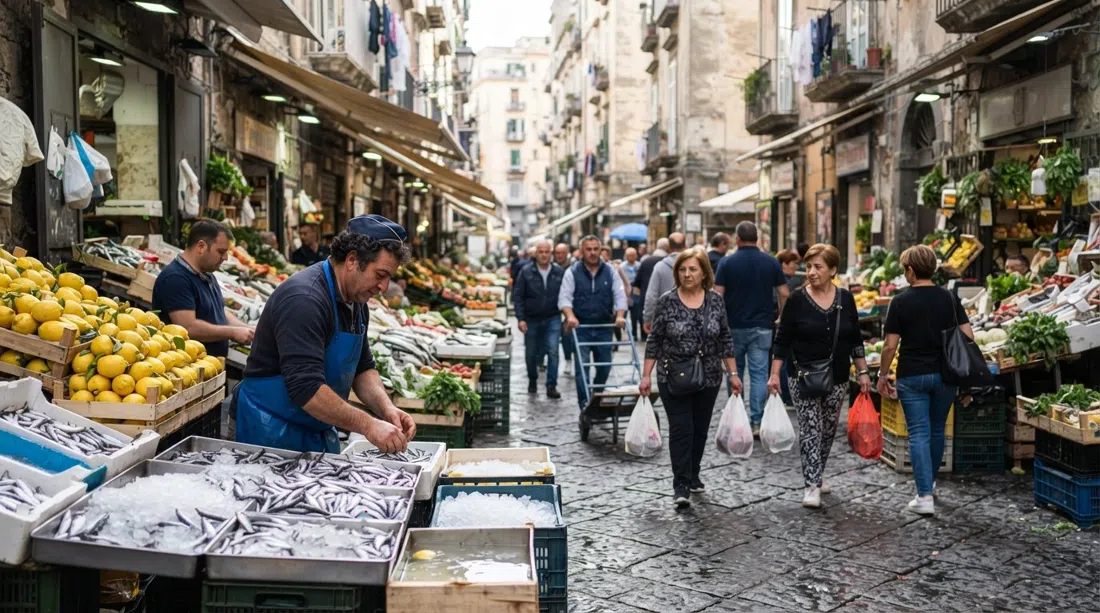 pescaderos y fruteros en Via Pignasecca a la hora punta matutina, cajas de anchoas y limones de Amalfi bajo la dura luz napolitana