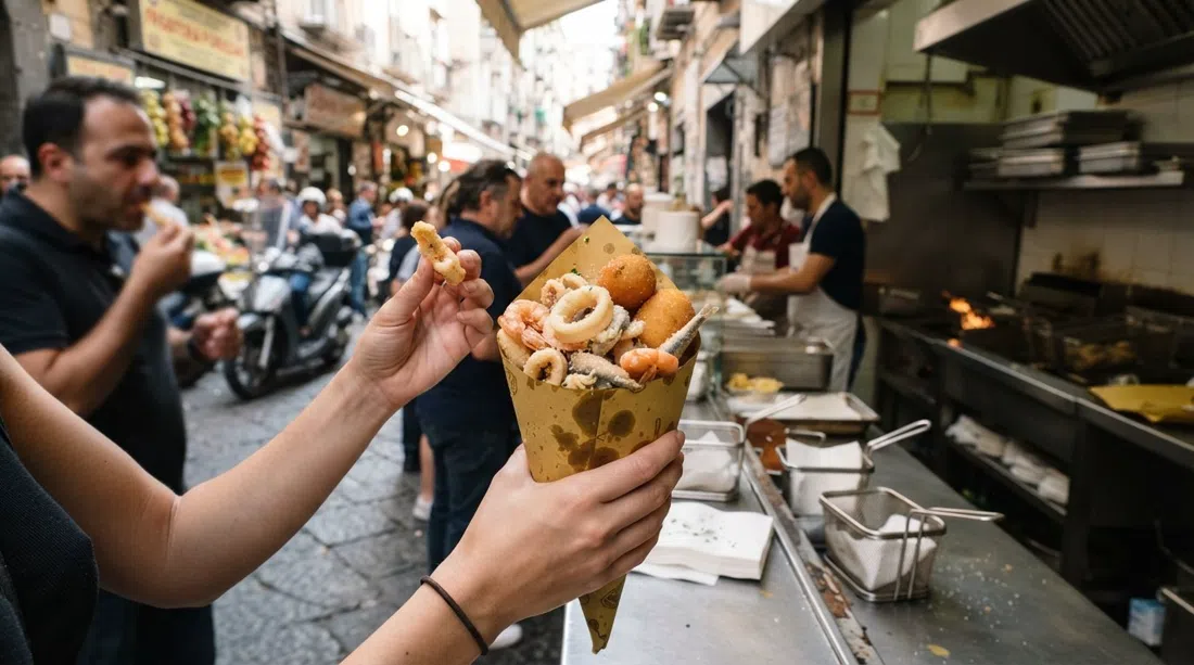 un cuoppo de cono de papel y fritto dorado en Friggitoria Fiorenzano en Via Pignasecca, comiendo de pie en la barra en el calor del almuerzo