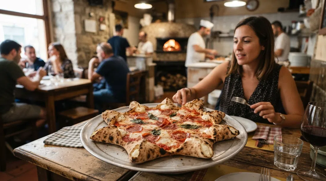 la pizza Carnevale en forma de estrella en Pizzeria Da Attilio, corteza rellena de ricotta y carbonizada al horno de leña en una bandeja metálica