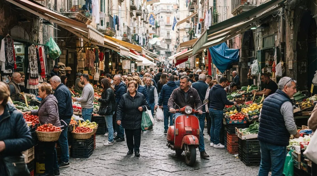 la concurrida extensión del mercado de La Pignasecca a lo largo de Via Pignasecca y Via Portamedina, scooters pasando junto a puestos y compradores bajo toldos colgantes