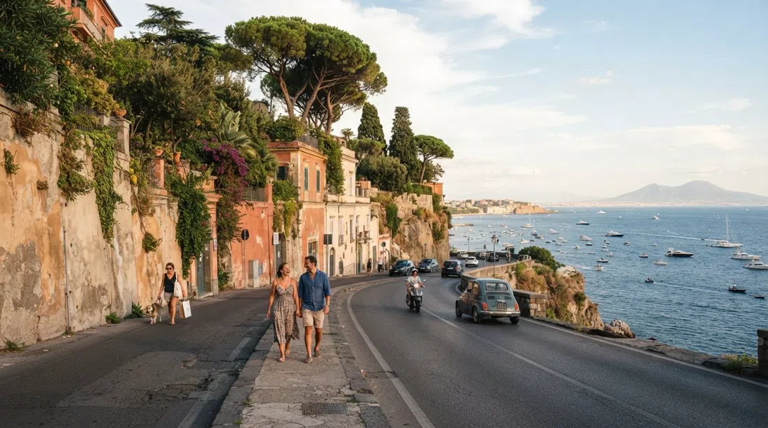 la cornisa de Via Posillipo con altos muros de villa, pinos y el azul Golfo de Nápoles cayendo a la derecha al atardecer