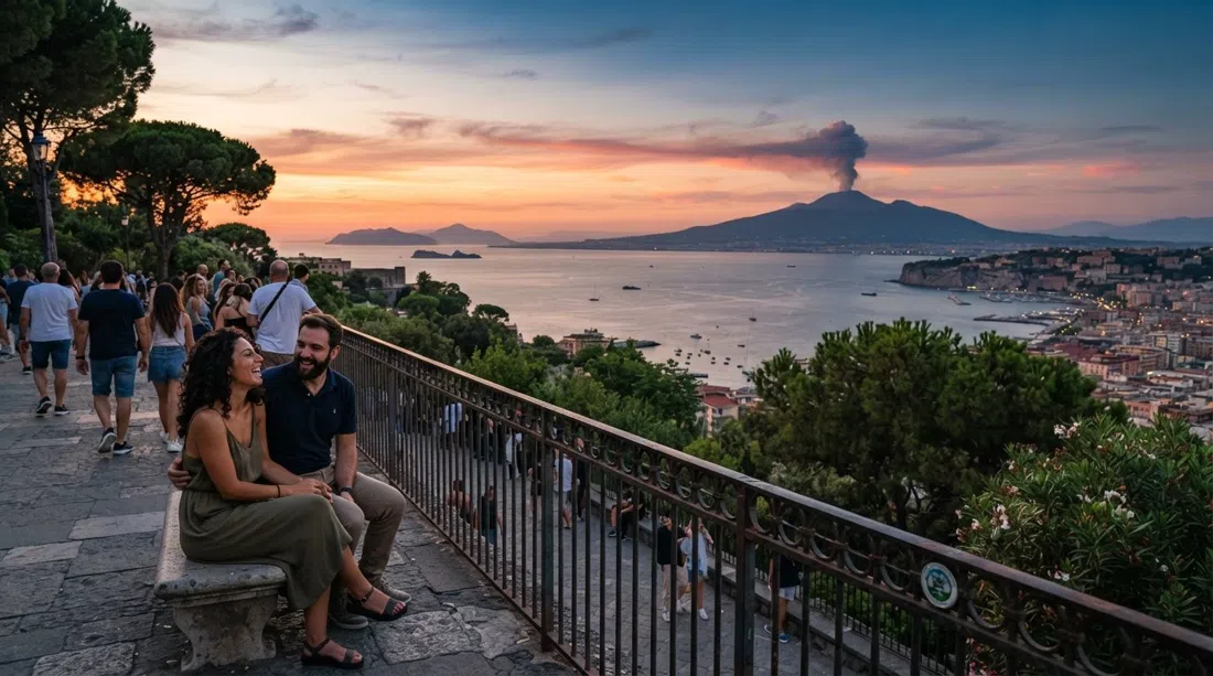 Parco Virgiliano al atardecer con el Vesubio humeando en la distancia, la bahía y las islas extendidas a través del horizonte desde una de las terrazas del parque