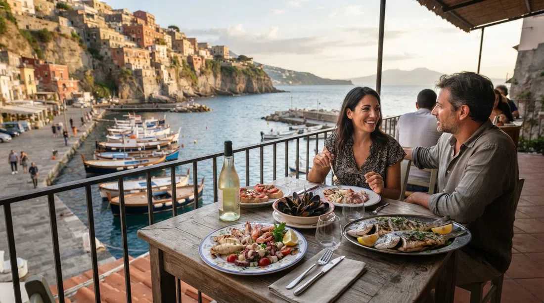 una mesa en la terraza de Cicciotto a Marechiaro dal 1942 con vistas al pequeño puerto, con antipasti de marisco y pescado a la parrilla en primer plano