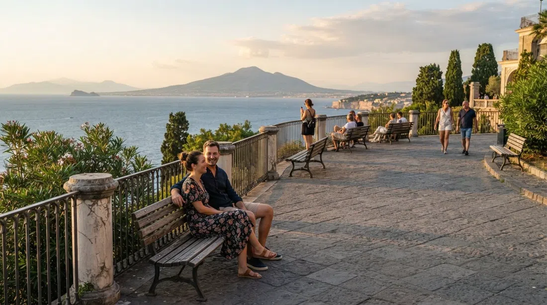 una de las tres terrazas del Parco Virgiliano a última hora de la tarde, bancos frente al Vesubio, Capri y la bahía