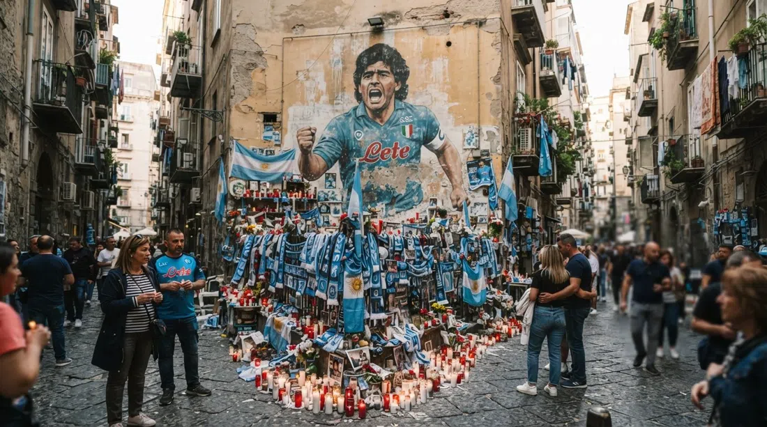 Das Maradona-Mural am Largo Maradona an der Via Emanuele De Deo, drei Stockwerke hoch, umrahmt von Kerzen, Schals und Fußballschals auf einem engen Gassenplatz