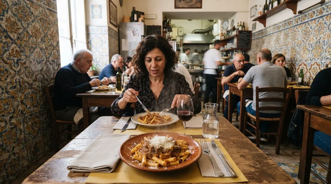 Der mit Fliesen ausgekleidete Speisesaal der Osteria della Mattonella, handbemalte Majolika-Wände, einfache Tische und ein Teller Ziti Genovese auf einem kleinen Trattoria-Tisch