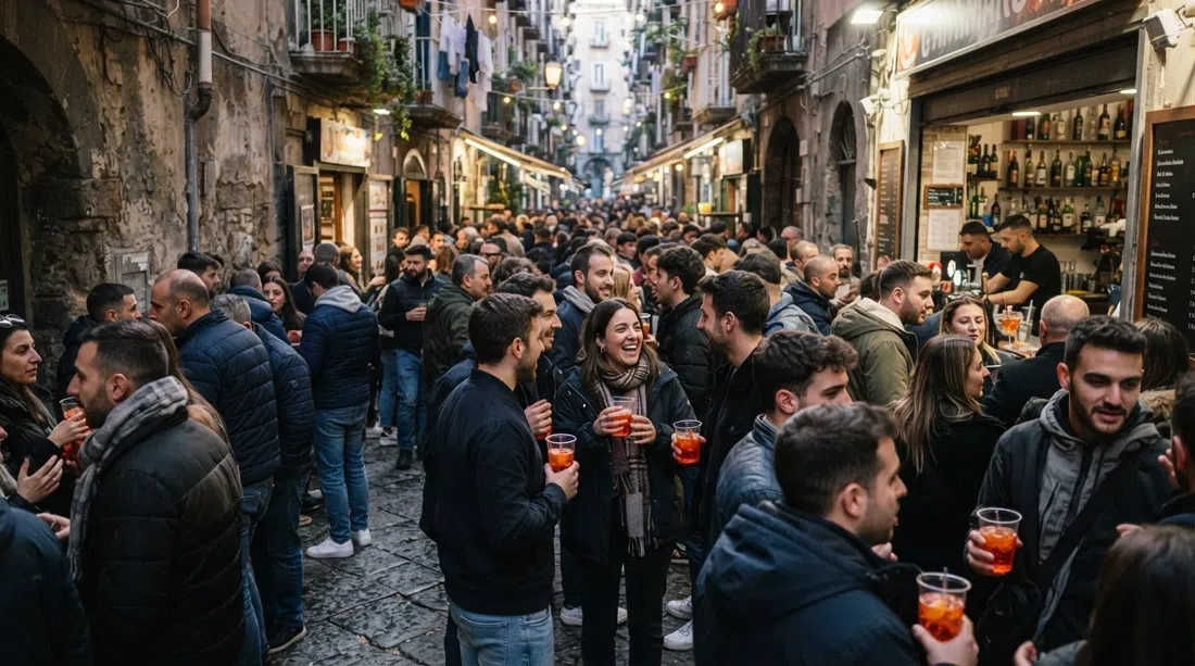 Cammarota Spritz am Vico Lungo Teatro Nuovo zur Abendstunde, eine volle Gasse mit stehenden Gästen, die orangefarbene Spritz in Plastikbechern halten