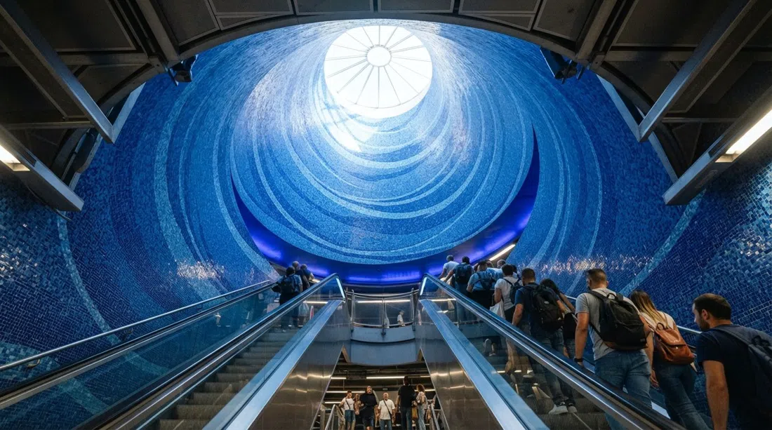 Der blaue Mosaik-Lichtschacht Crater de Luz in der U-Bahn-Station Toledo, von unten gesehen mit hinabführenden Rolltreppen und reflektiertem Licht