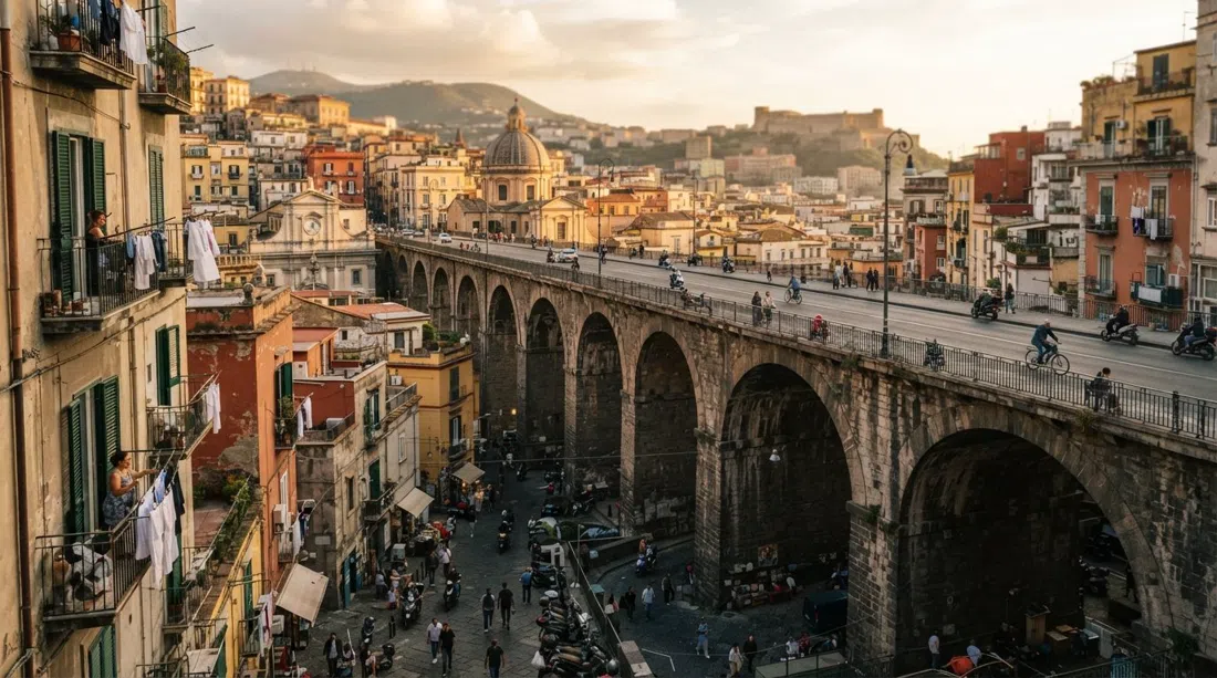el viaducto Ponte della Sanità que cruza el valle del barrio, con palacios barrocos, scooters y tendederos abajo en la luz de la tarde