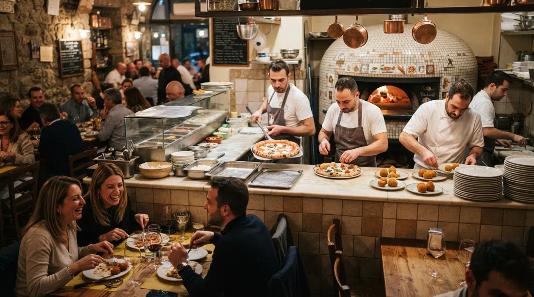 el comedor y la barra de Concettina ai Tre Santi en Via Arena della Sanità, con pizzas y entrantes fritos saliendo de la cocina bajo una cálida iluminación nocturna