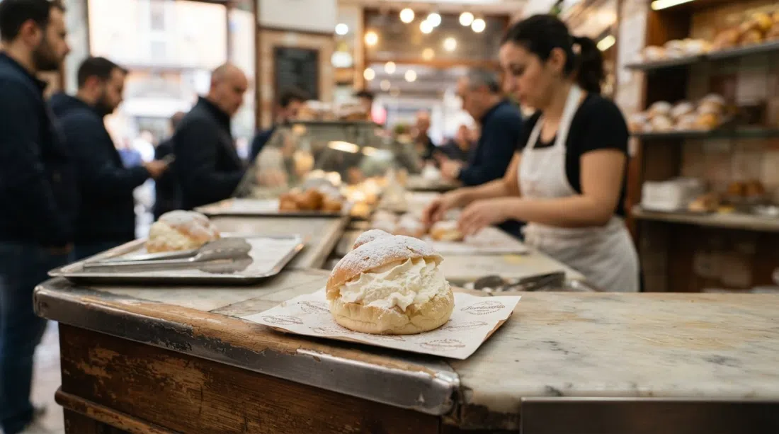 un fiocco di neve en Pasticceria Poppella en Via Arena della Sanità, brioche pálido partido con crema, fotografiado en primer plano en la barra