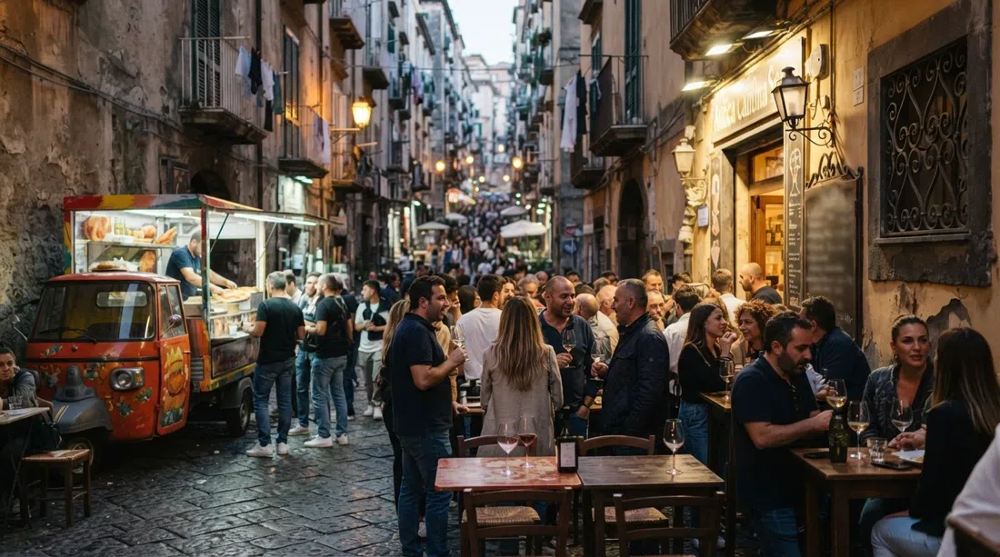 Antica Cantina Sepe en Via Vergini al atardecer, mesas derramándose a la calle con copas de vino, lugareños hombro con hombro y un camión de pizza frita afuera