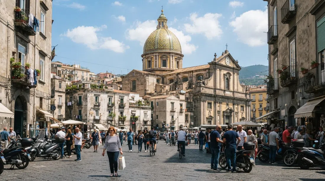 la cúpula de mayólica amarilla y verde de la Basílica de Santa Maria della Sanità elevándose sobre Piazza Sanità, con personas moviéndose por la plaza abajo