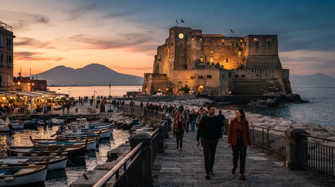 Castel dell'Ovo auf der Insel Megaride bei Sonnenuntergang, gesehen vom Damm mit der leuchtenden Bucht dahinter und dem Vesuv am Horizont
