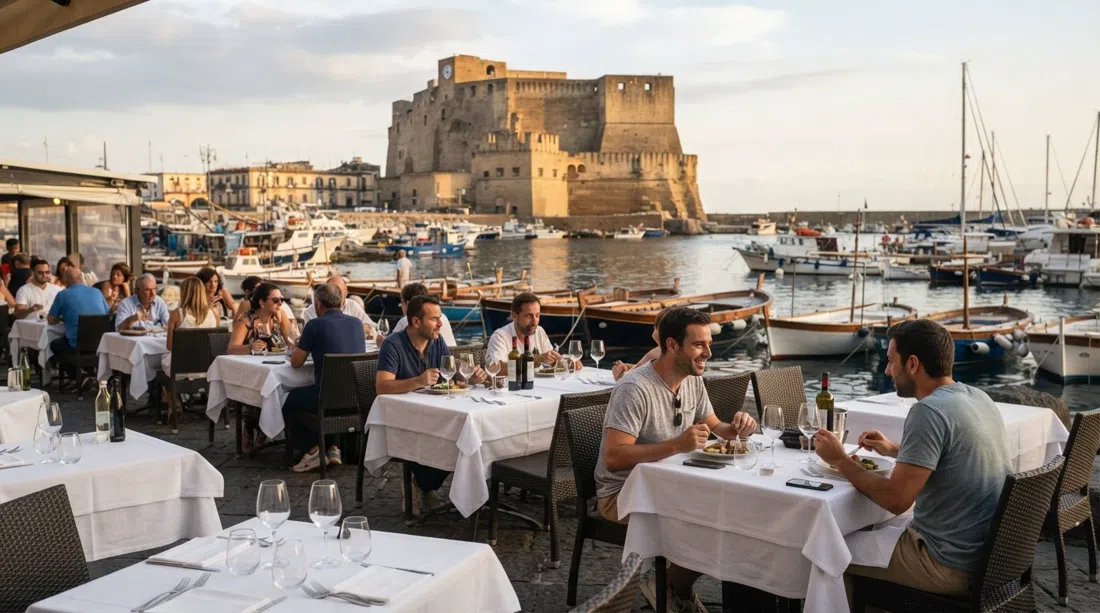 La Bersaglieras Terrasse mit Meerblick auf Borgo Marinari, weiße Tischdecken zwischen Booten mit Castel dell'Ovo im Hintergrund am späten Nachmittag