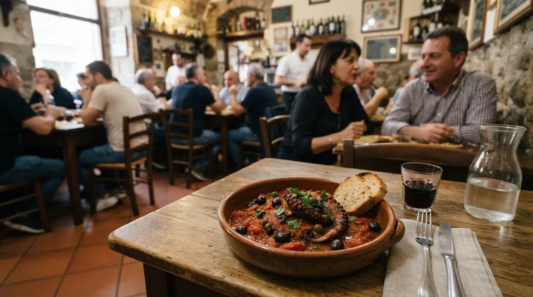 Ein servierter Teller Polpo alla luciana bei Da Ettore, Oktopus in Tomatensauce mit Oliven und Knoblauch auf einem einfachen Trattoria-Tisch