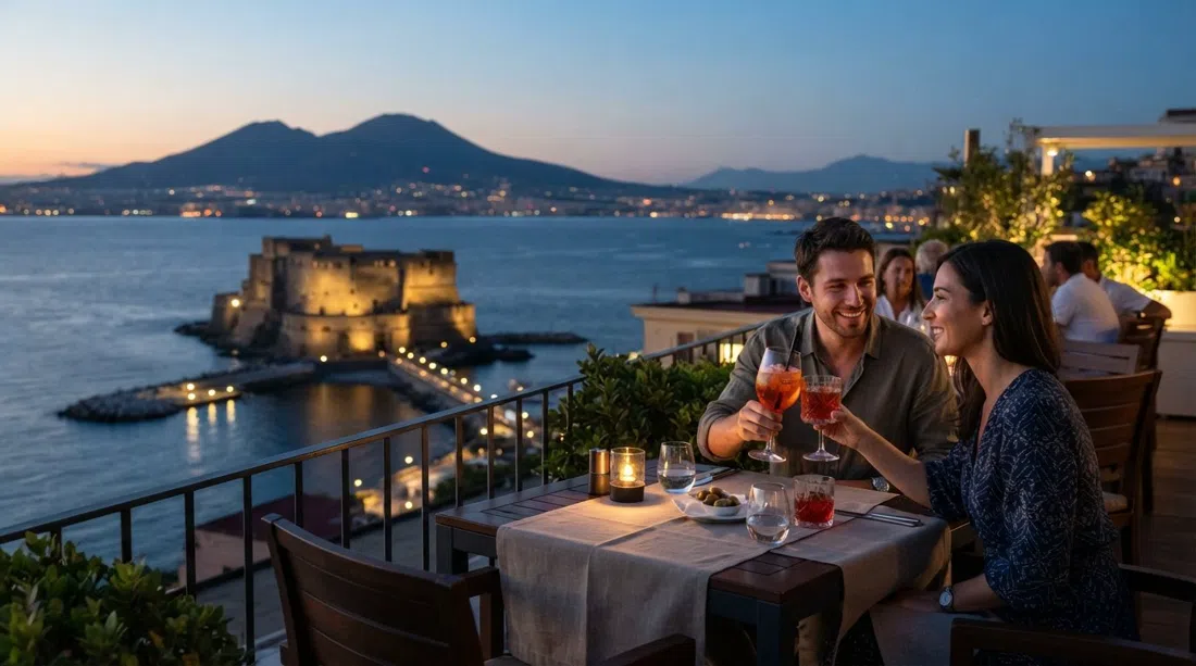 Die Sky Lounge im Grand Hotel Vesuvio in der Abenddämmerung, Dachterrasse mit Blick auf Castel dell'Ovo und den Vesuv, Cocktailgläser fangen das letzte Licht ein