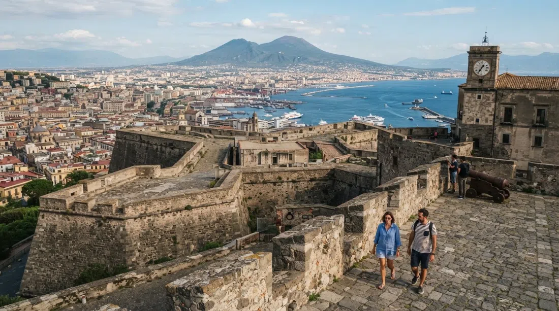 Castel Sant'Elmo auf seinem Hügelgipfel, sternförmige Bastionen mit Blick auf Neapel und den Golf von Neapel im klaren Nachmittagslicht