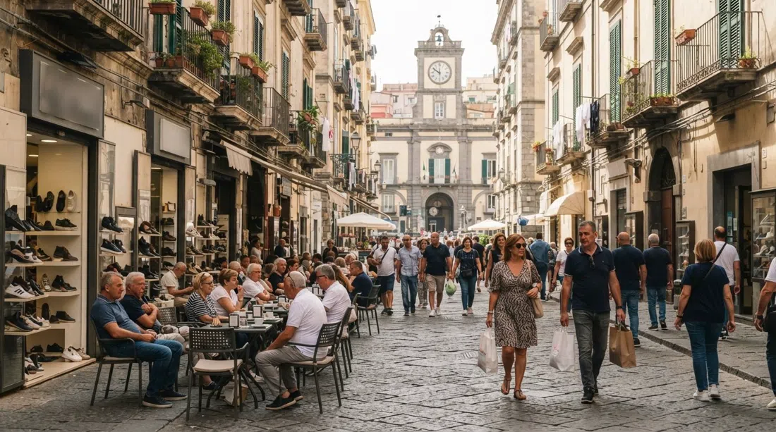 Fußgängerzone Via Scarlatti nahe der Piazza Vanvitelli, Café-Tische, Schuhgeschäfte und Einheimische, die am späten Vormittag in der Sonne flanieren