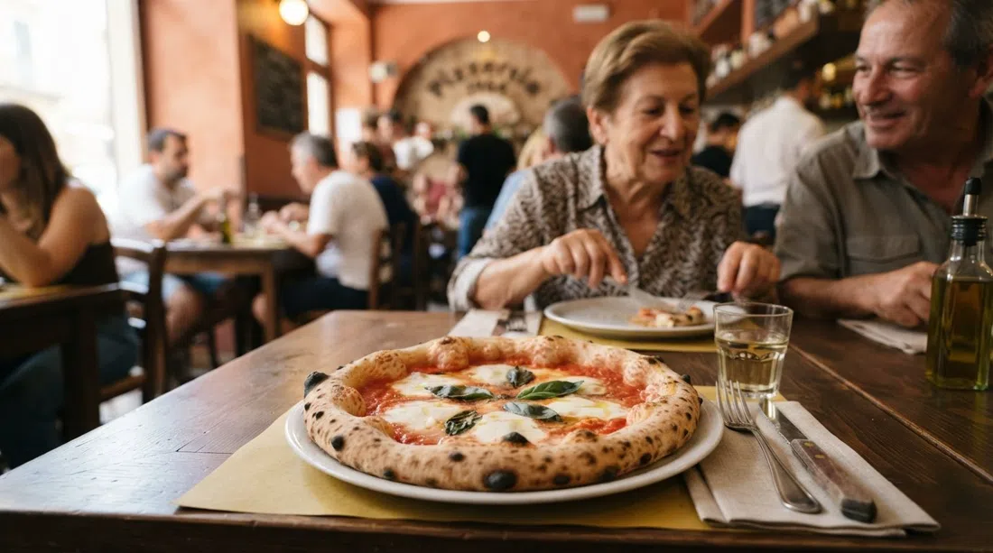 Eine klassische neapolitanische Pizza in der Pizzeria Acunzo 1964, blasiger Rand und einfacher Belag auf einem weißen Teller