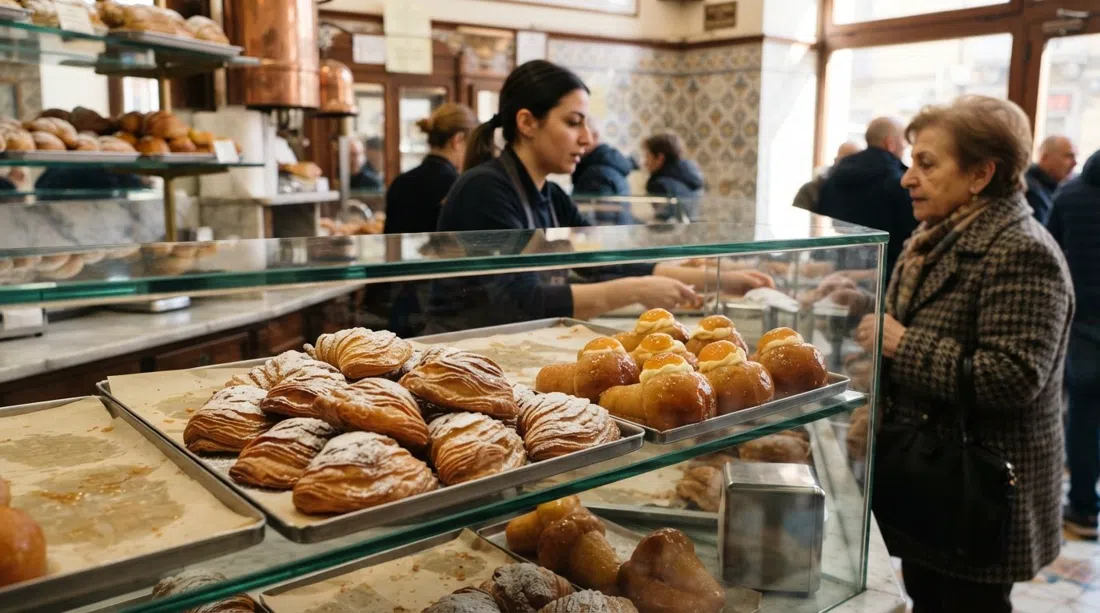 Ein Tablett mit Sfogliatella und Babà bei Casa Infante, glänzendes Gebäck und sirupartige Kuchen hinter Glas ausgestellt