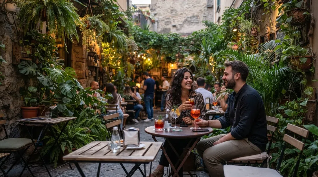 Der pflanzenreiche Innenhof des Barrio Botanico in der Via Scarlatti 139, Cocktailgläser auf kleinen Tischen im abendlichen Grün