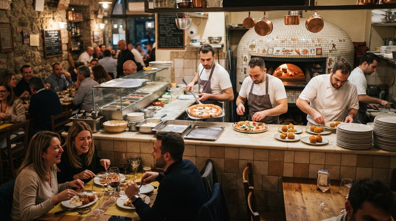 the dining room and counter at Concettina ai Tre Santi on Via Arena della Sanità, with pizzas and fried starters coming out of the kitchen under warm evening lighting