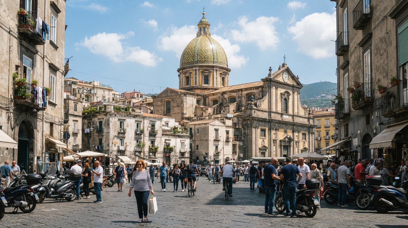 the yellow-and-green majolica dome of the Basilica di Santa Maria della Sanità rising over Piazza Sanità, with people moving across the square below